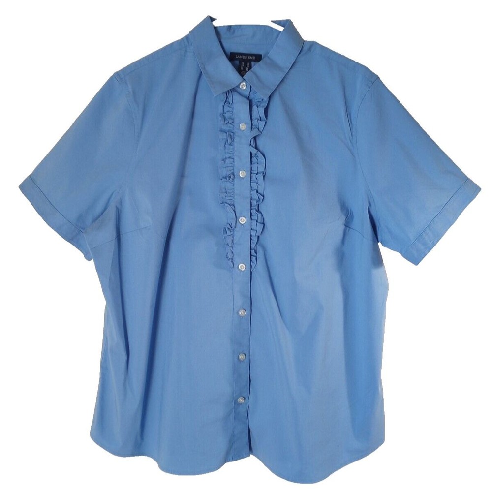 Lands' End Women's Size 16 Periwinkle Blue Ruffled Button Up Short Sleeve Shirt